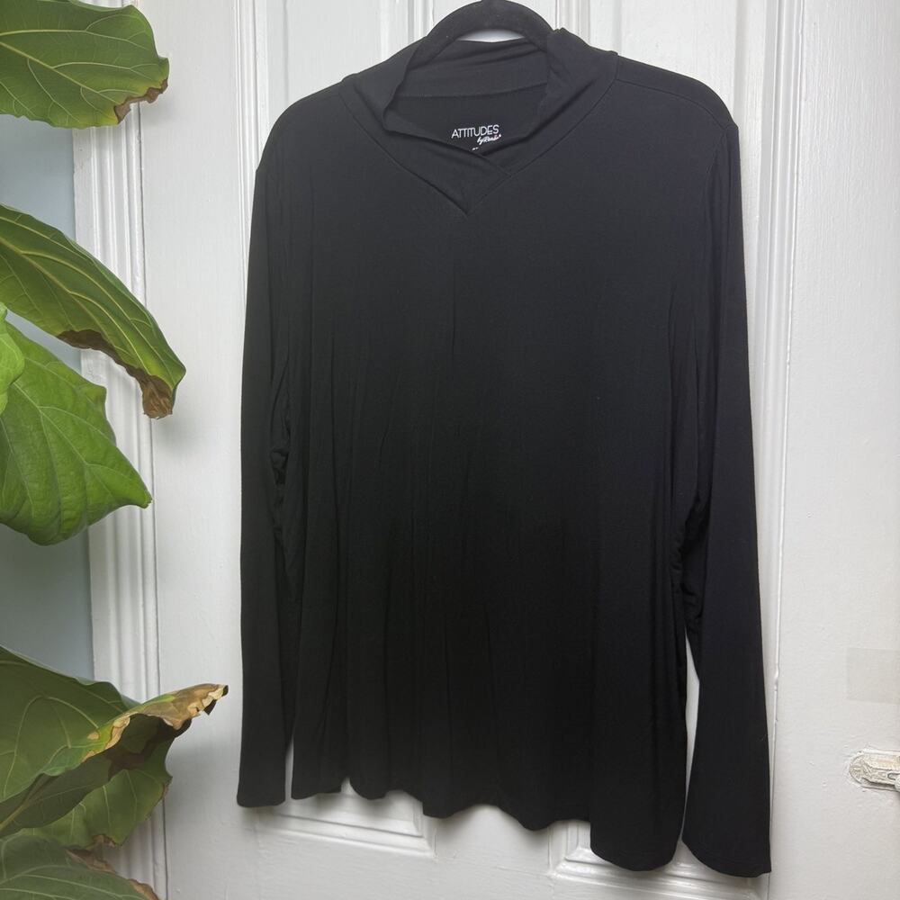 Attitudes by Renee Black Long Sleeve V-Neck Stretch Top Womens 2X